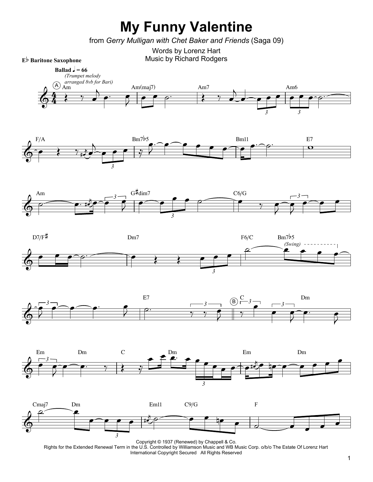 Gerry Mulligan My Funny Valentine sheet music notes and chords arranged for Baritone Sax Transcription