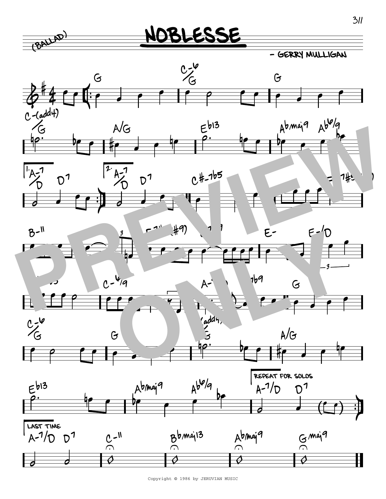 Gerry Mulligan Noblesse sheet music notes and chords arranged for Real Book – Melody & Chords