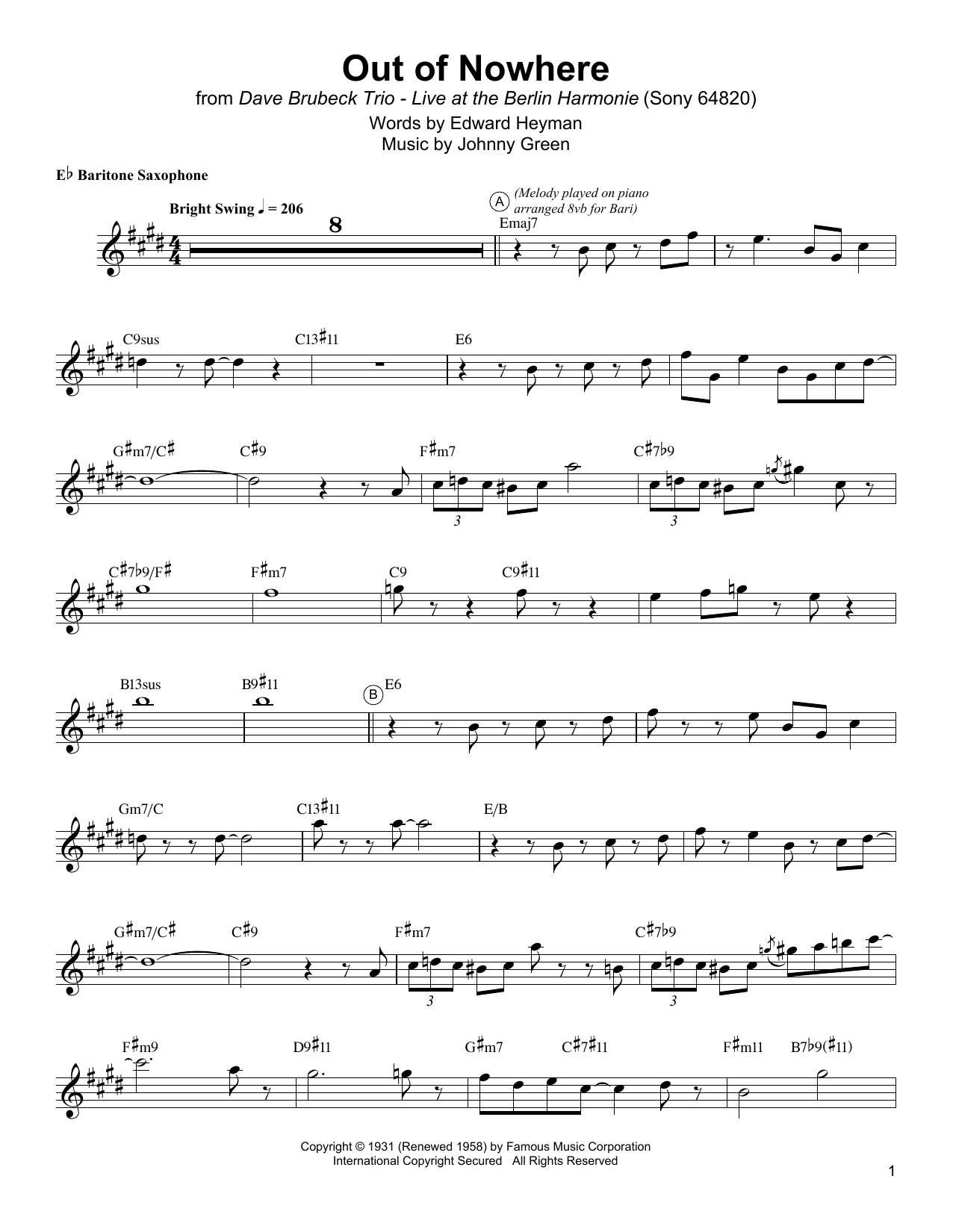 Gerry Mulligan Out Of Nowhere sheet music notes and chords arranged for Baritone Sax Transcription