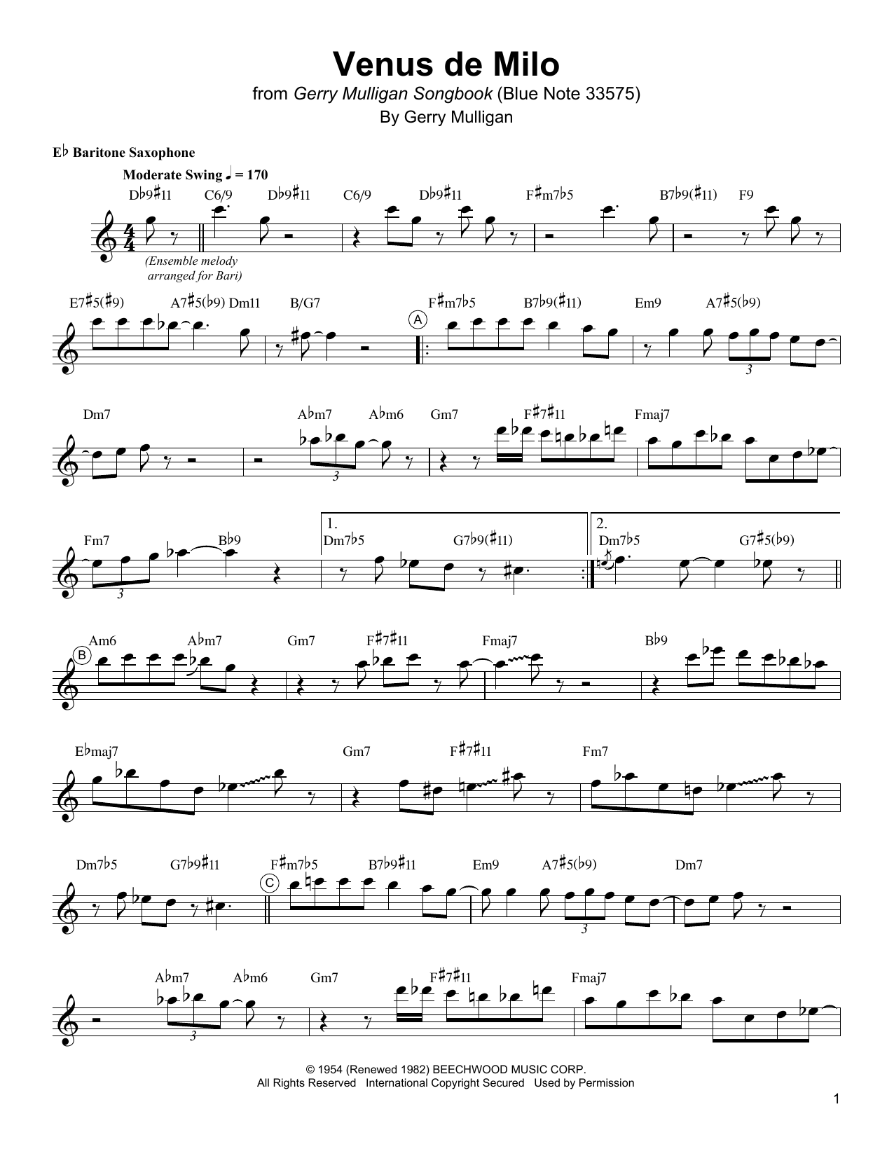 Gerry Mulligan Venus De Milo sheet music notes and chords arranged for Baritone Sax Transcription