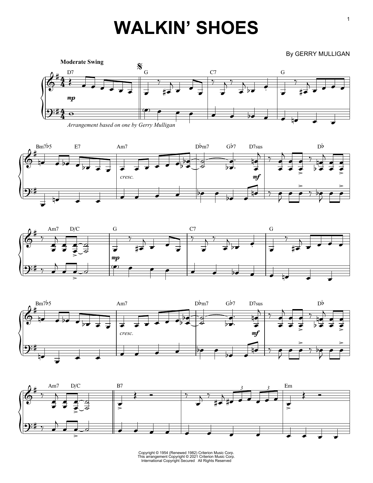 Gerry Mulligan Walkin' Shoes [Jazz version] (arr. Brent Edstrom) sheet music notes and chords arranged for Piano Solo