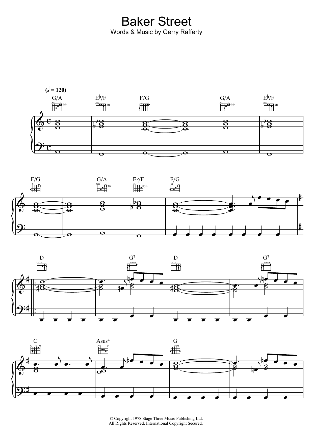 Gerry Rafferty Baker Street sheet music notes and chords arranged for Beginner Piano
