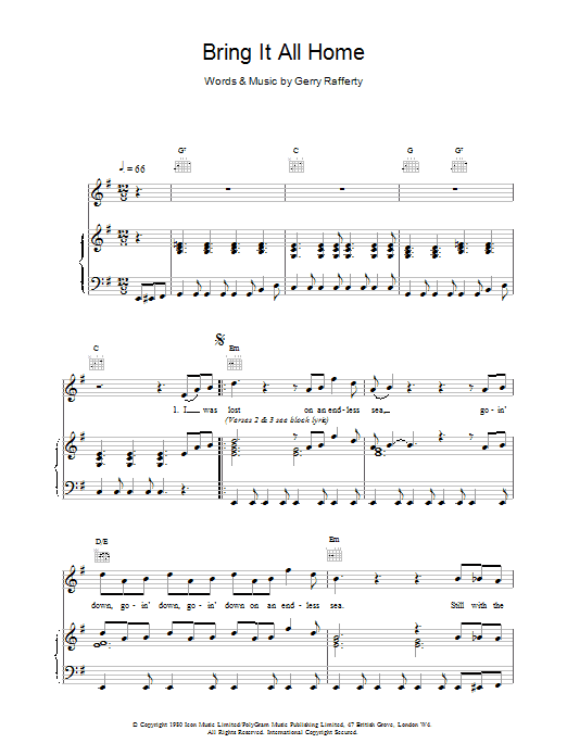Gerry Rafferty Bring It All Home sheet music notes and chords arranged for Piano, Vocal & Guitar Chords