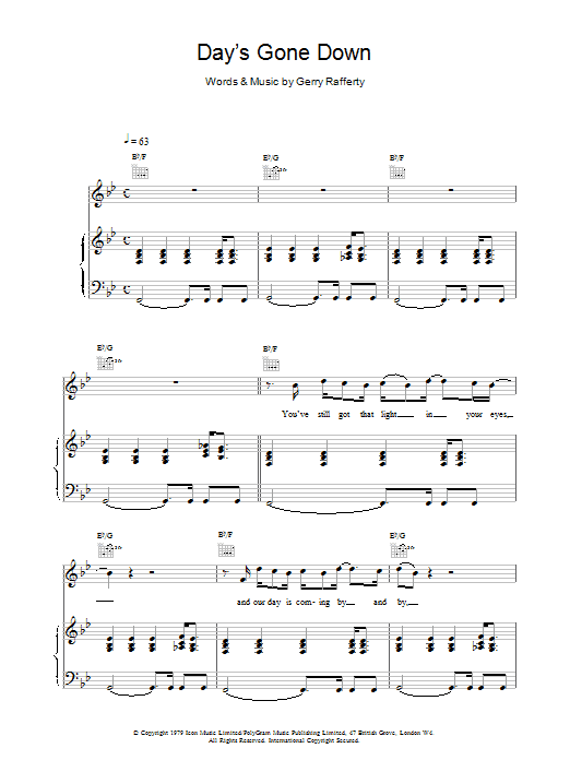 Gerry Rafferty Day's Gone Down sheet music notes and chords arranged for Piano, Vocal & Guitar Chords