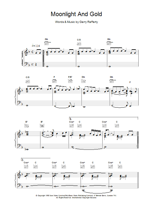 Gerry Rafferty Moonlight And Gold sheet music notes and chords arranged for Piano, Vocal & Guitar Chords