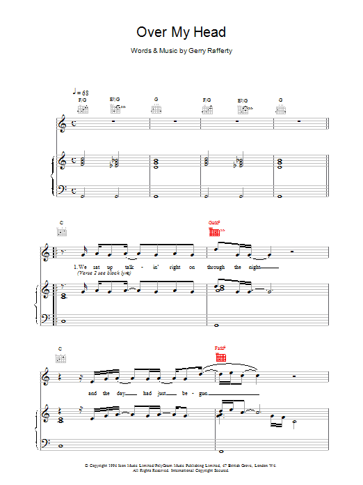 Gerry Rafferty Over My Head sheet music notes and chords arranged for Piano, Vocal & Guitar Chords