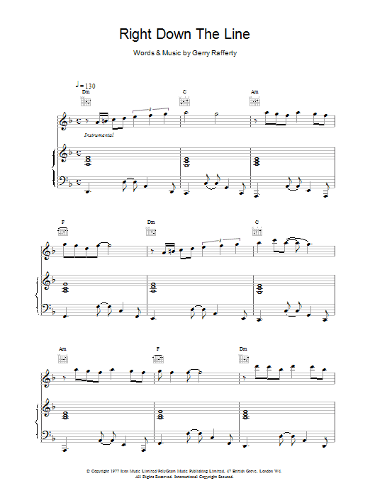 Gerry Rafferty Right Down The Line sheet music notes and chords arranged for Piano, Vocal & Guitar Chords (Right-Hand Melody)