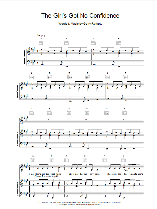 Gerry Rafferty The Girl's Got No Confidence sheet music notes and chords arranged for Piano, Vocal & Guitar Chords