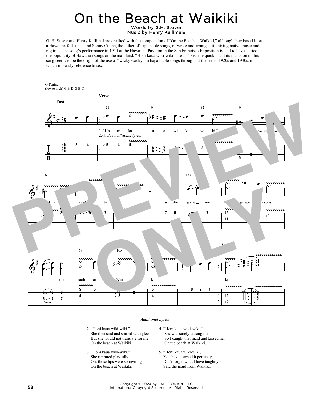 G.H. Stover On The Beach At Waikiki (arr. Fred Sokolow) sheet music notes and chords arranged for Guitar Tab