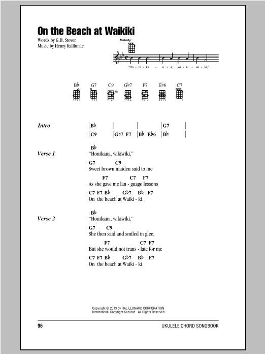 G.H. Stover On The Beach At Waikiki sheet music notes and chords arranged for Piano, Vocal & Guitar Chords (Right-Hand Melody)
