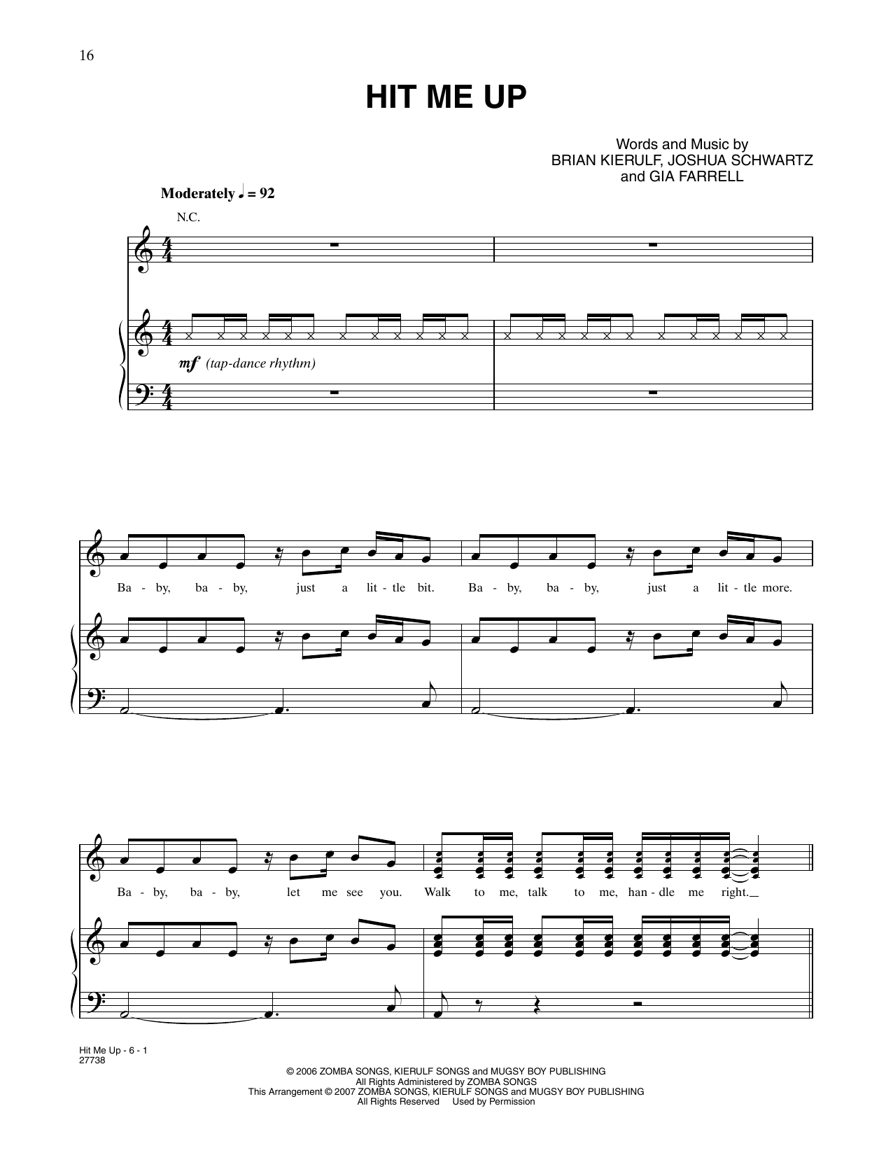Gia Farrell Hit Me Up (from Happy Feet) sheet music notes and chords arranged for Piano, Vocal & Guitar Chords (Right-Hand Melody)
