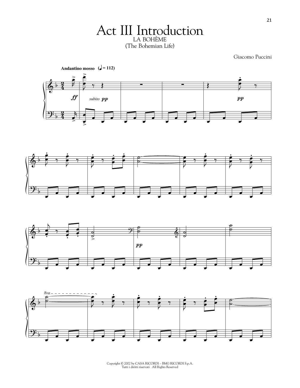 Giacomo Puccini Act III Introduction sheet music notes and chords arranged for Piano Solo