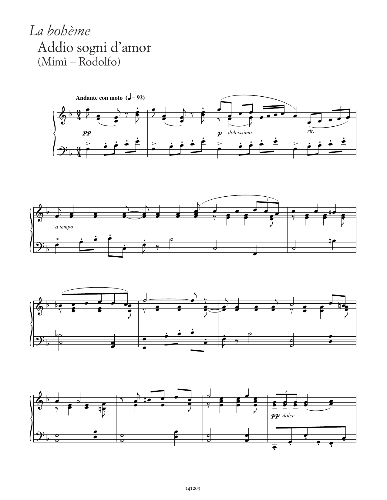 Giacomo Puccini Addio, sogni d'amor! (from La Bohème) sheet music notes and chords arranged for Piano Solo