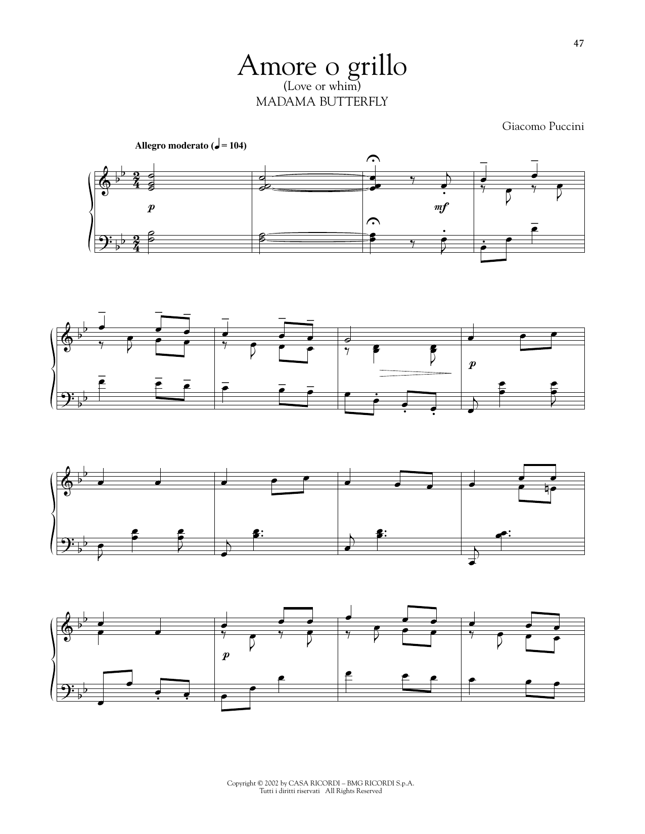 Giacomo Puccini Amore O Grillo sheet music notes and chords arranged for Piano Solo
