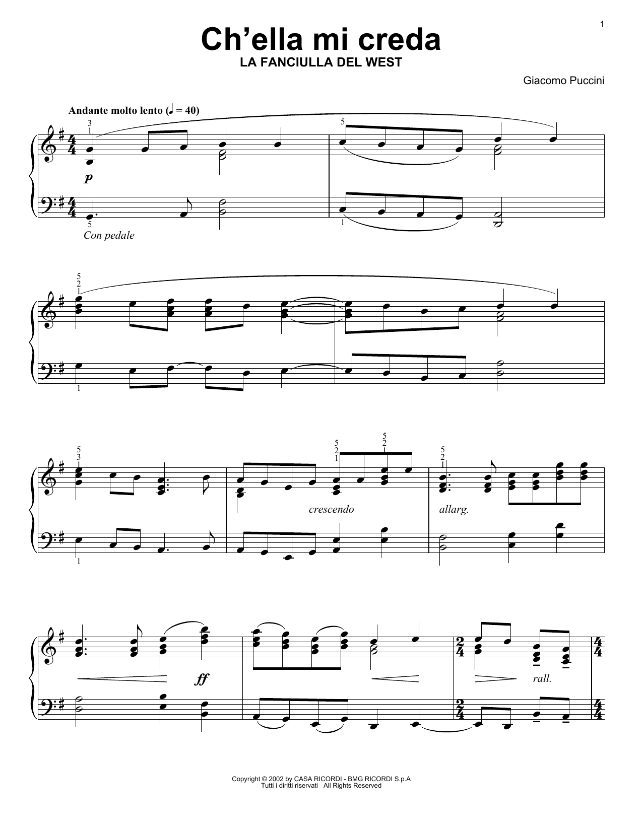 Giacomo Puccini Ch'Ella Mi Creda (Let Her Believe) sheet music notes and chords arranged for Piano Solo
