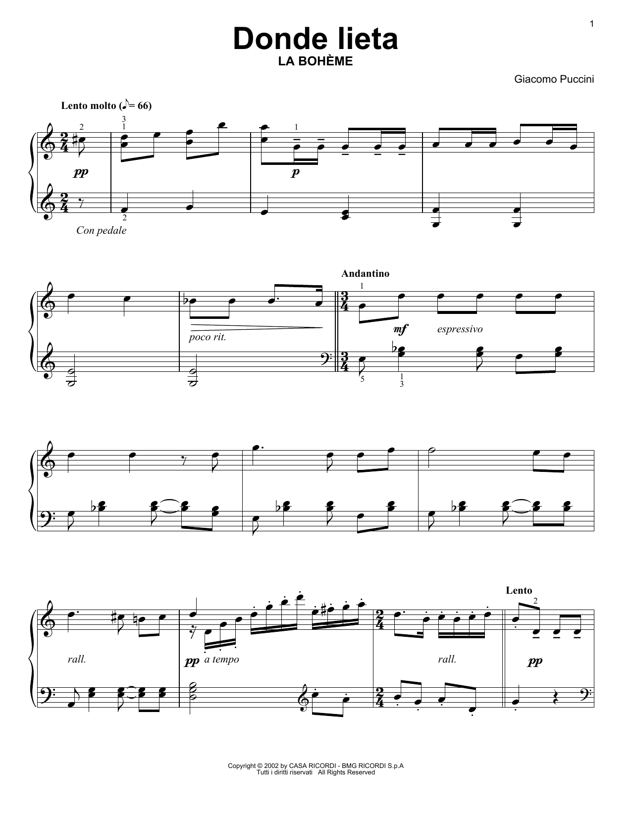 Giacomo Puccini Donde Lieta sheet music notes and chords arranged for Easy Piano Solo