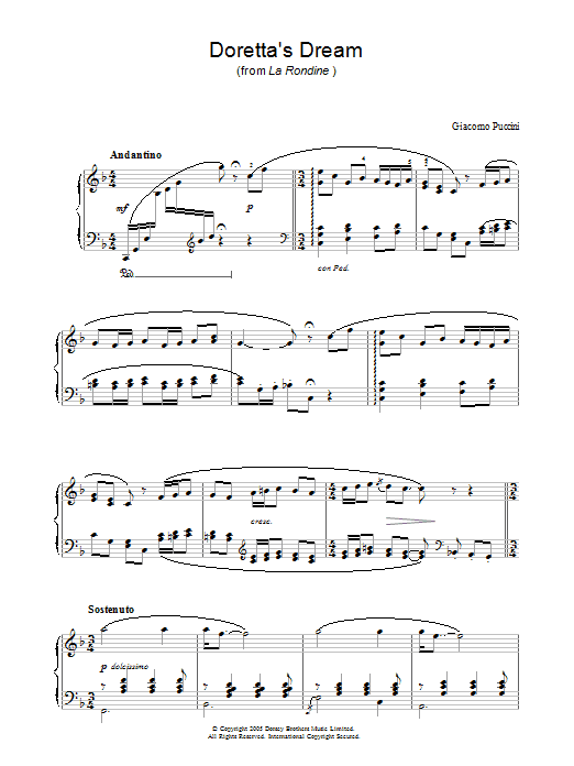 Giacomo Puccini Doretta's Dream (from La Rondine) sheet music notes and chords arranged for Piano Solo
