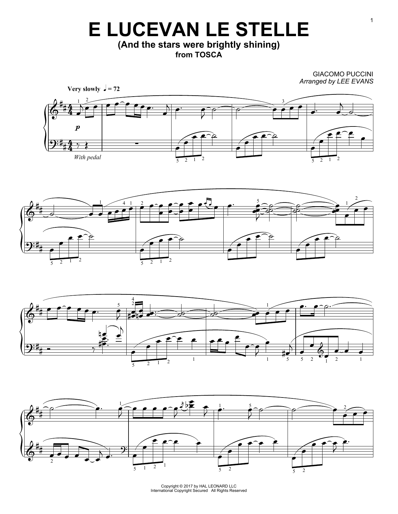 Giacomo Puccini E lucevan le stelle from Tosca (arr. Lee Evans) sheet music notes and chords arranged for Piano Solo
