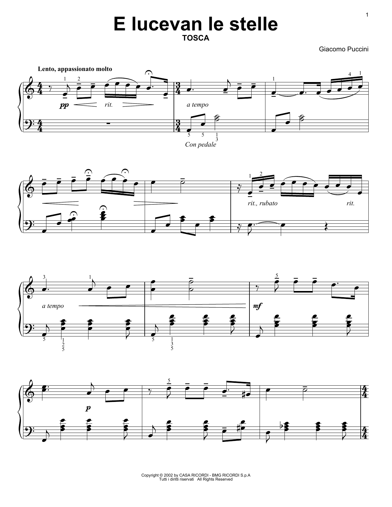 Giacomo Puccini E Lucevan Le Stelle sheet music notes and chords arranged for Piano Solo