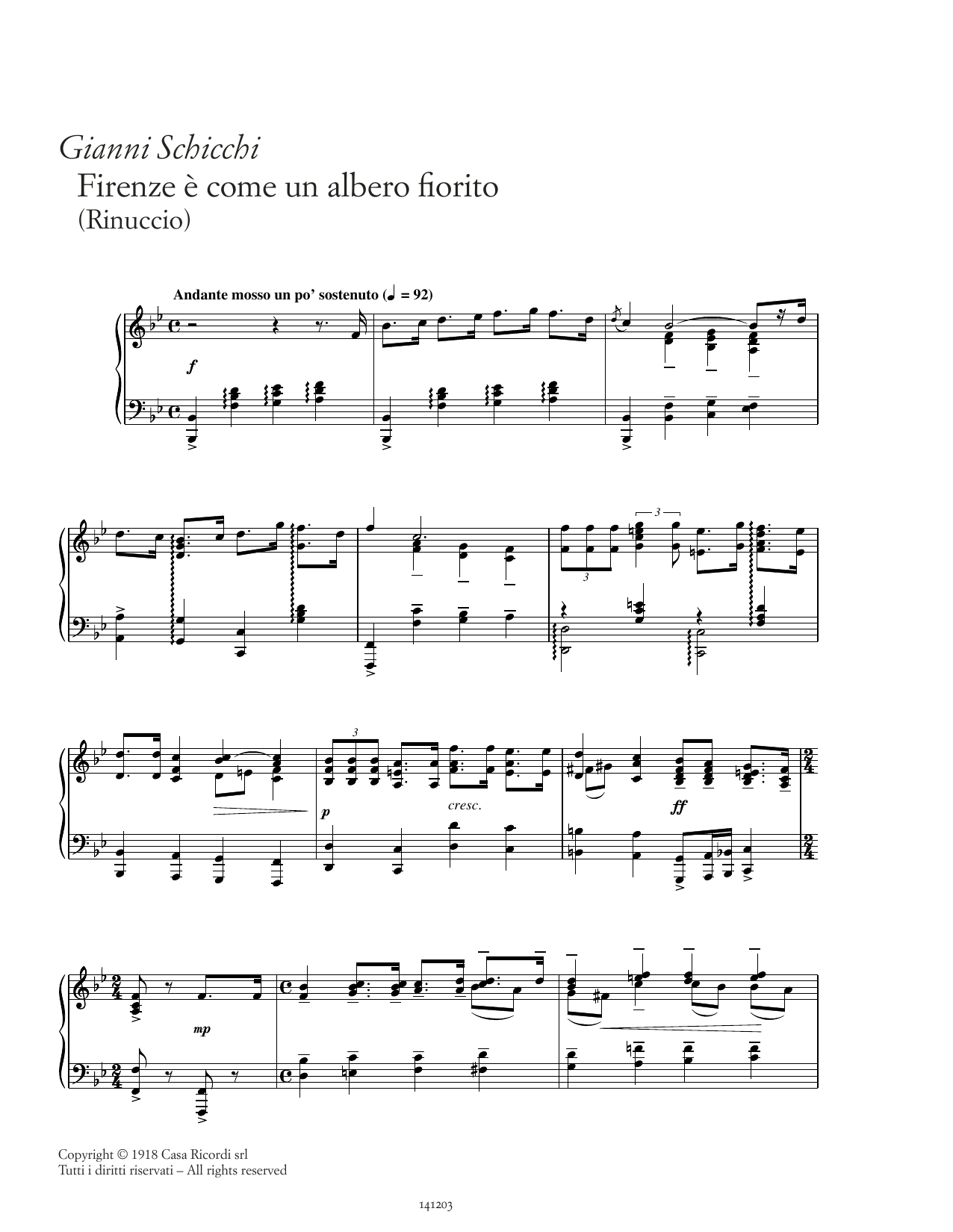 Giacomo Puccini Firenze è come un albero fiorito sheet music notes and chords arranged for Piano Solo