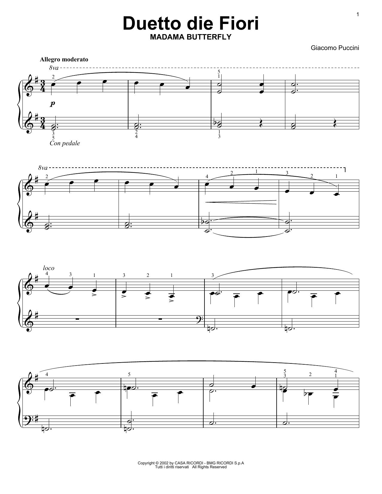 Giacomo Puccini Flower Duet sheet music notes and chords arranged for Easy Piano Solo