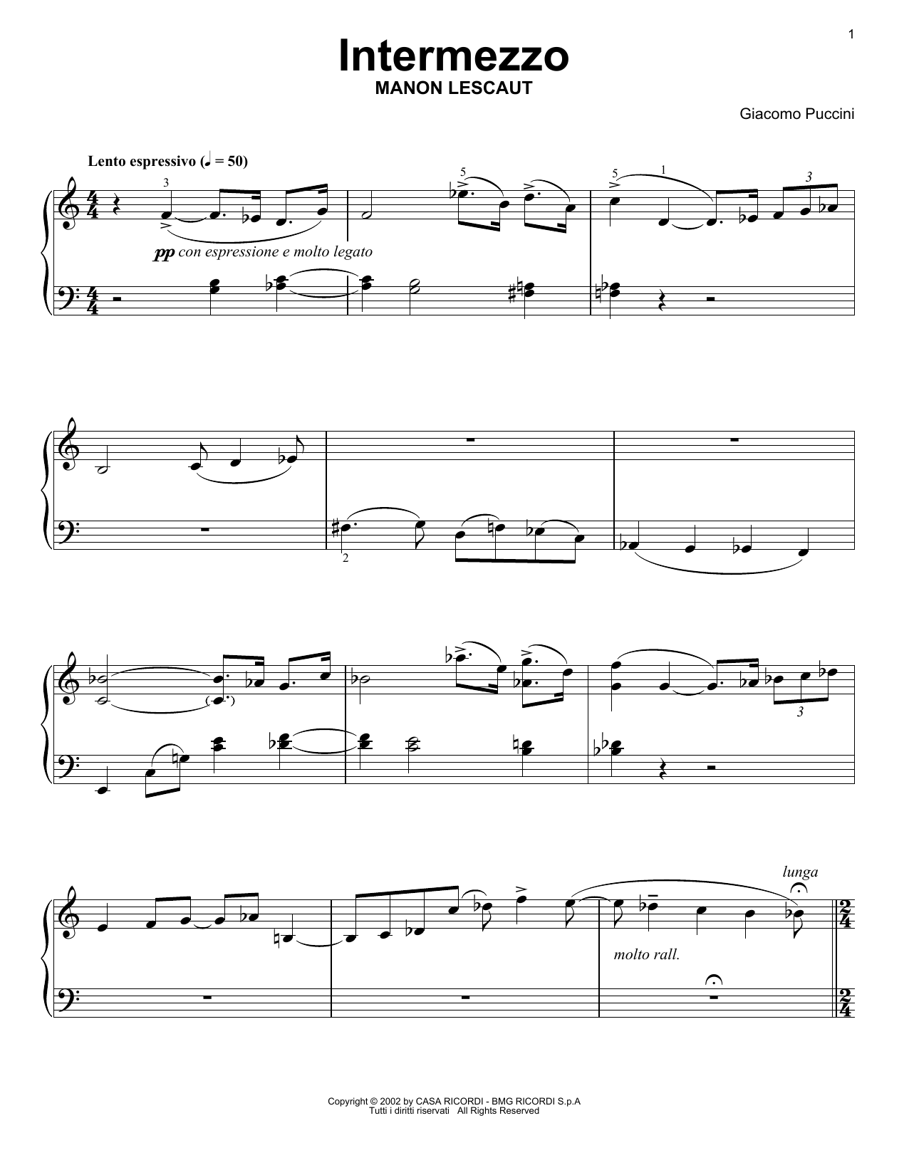 Giacomo Puccini Intermezzo sheet music notes and chords arranged for Easy Piano Solo
