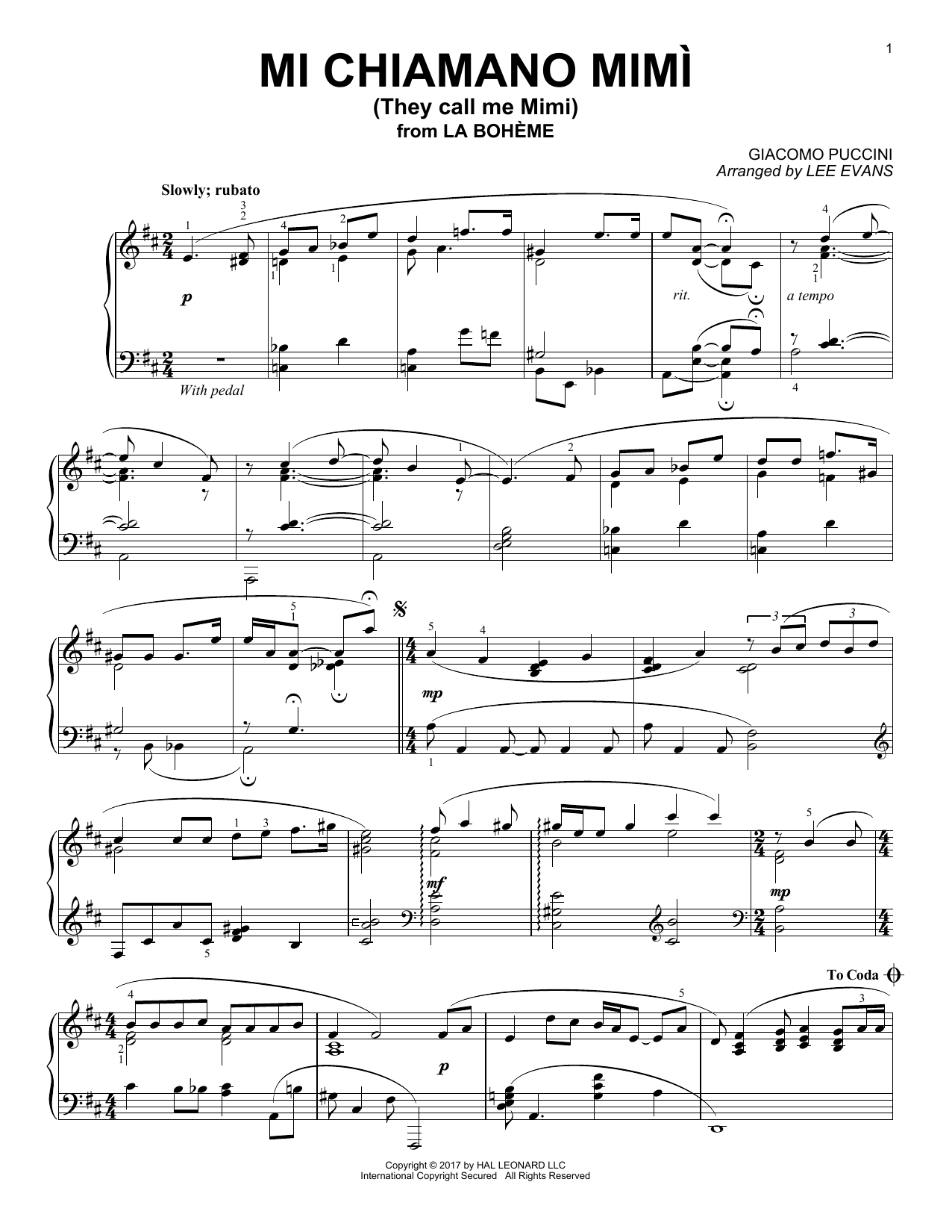Giacomo Puccini Me Chiamano Mimi (arr. Lee Evans) sheet music notes and chords arranged for Piano Solo