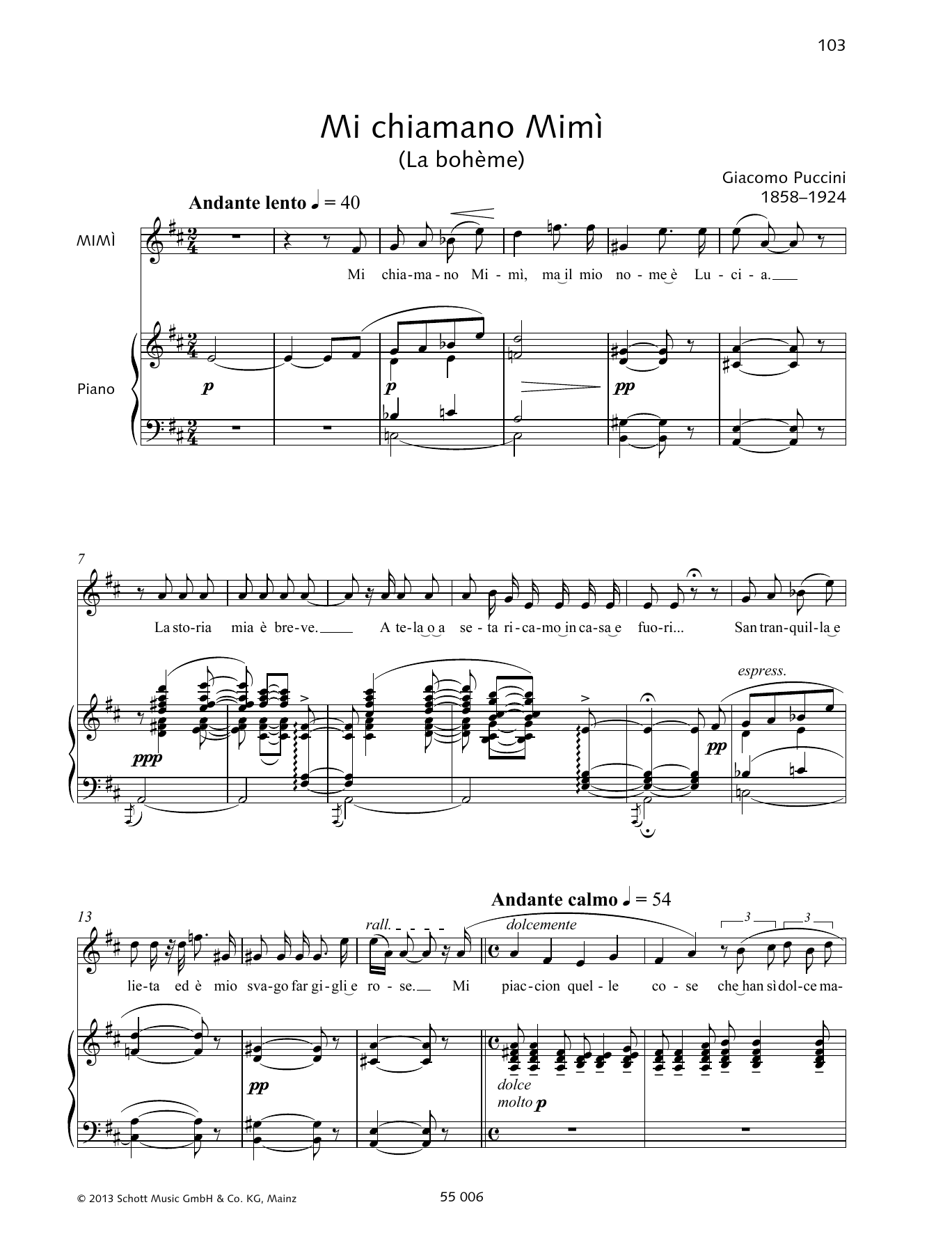 Giacomo Puccini Mi Chiamano Mimi sheet music notes and chords arranged for Piano & Vocal