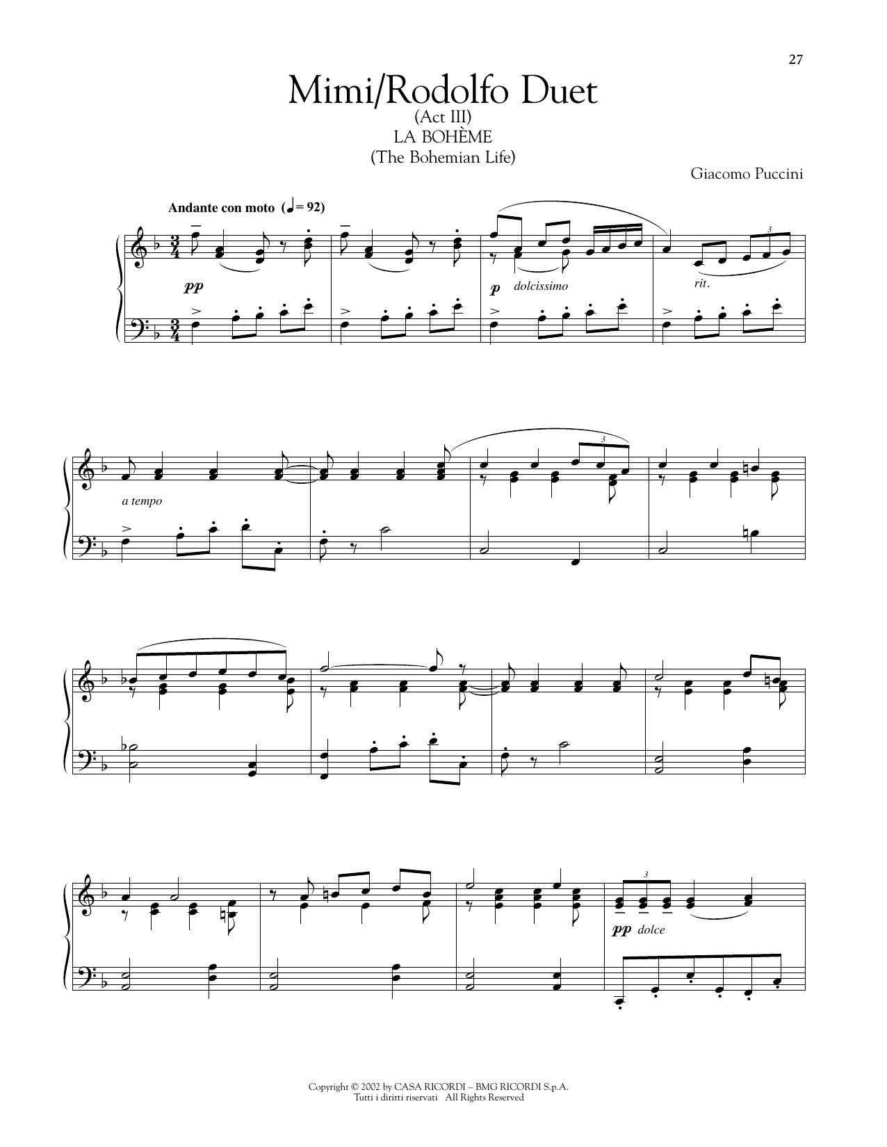 Giacomo Puccini Mimi/Rodolfo Duet sheet music notes and chords arranged for Piano Solo