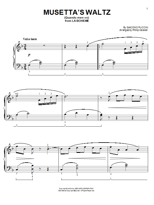 Giacomo Puccini Musetta's Waltz (Quando Men Vo) (from Moonstruck) (arr. Phillip Keveren) sheet music notes and chords arranged for Easy Piano
