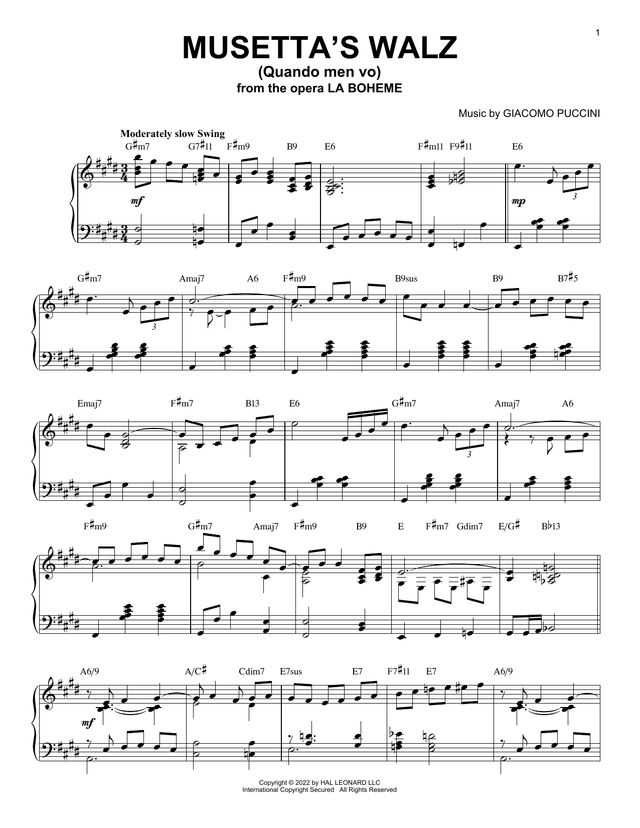 Giacomo Puccini Musetta's Waltz (Quando Men Vo) [Jazz version] (arr. Brent Edstrom) sheet music notes and chords arranged for Piano Solo