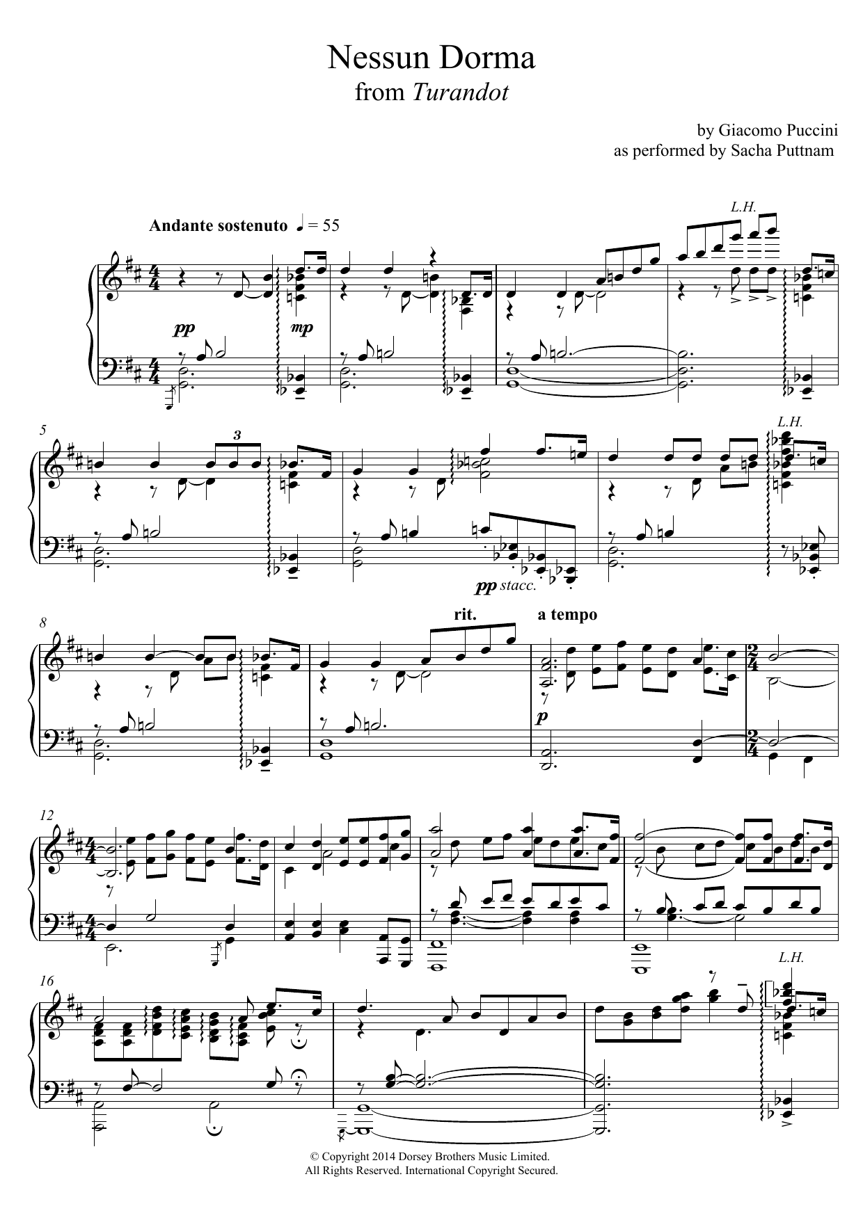 Giacomo Puccini Nessun Dorma (from Turandot) (as performed by Sacha Puttnam) sheet music notes and chords arranged for Piano Solo