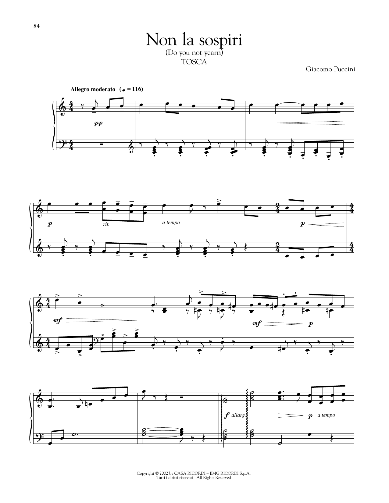 Giacomo Puccini Non la sospiri la nostra casetta sheet music notes and chords arranged for Piano Solo
