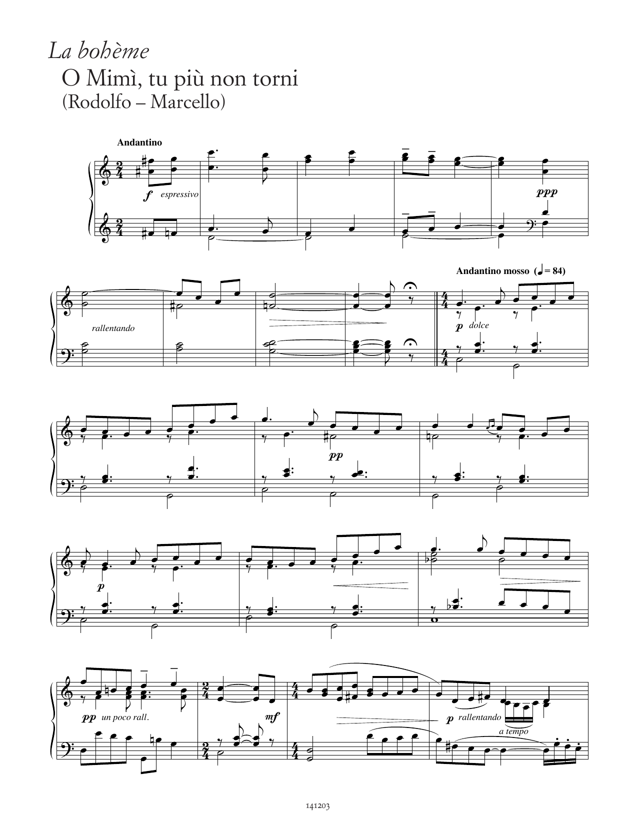 Giacomo Puccini O Mimì, tu più non torni (from La Bohème) sheet music notes and chords arranged for Piano Solo