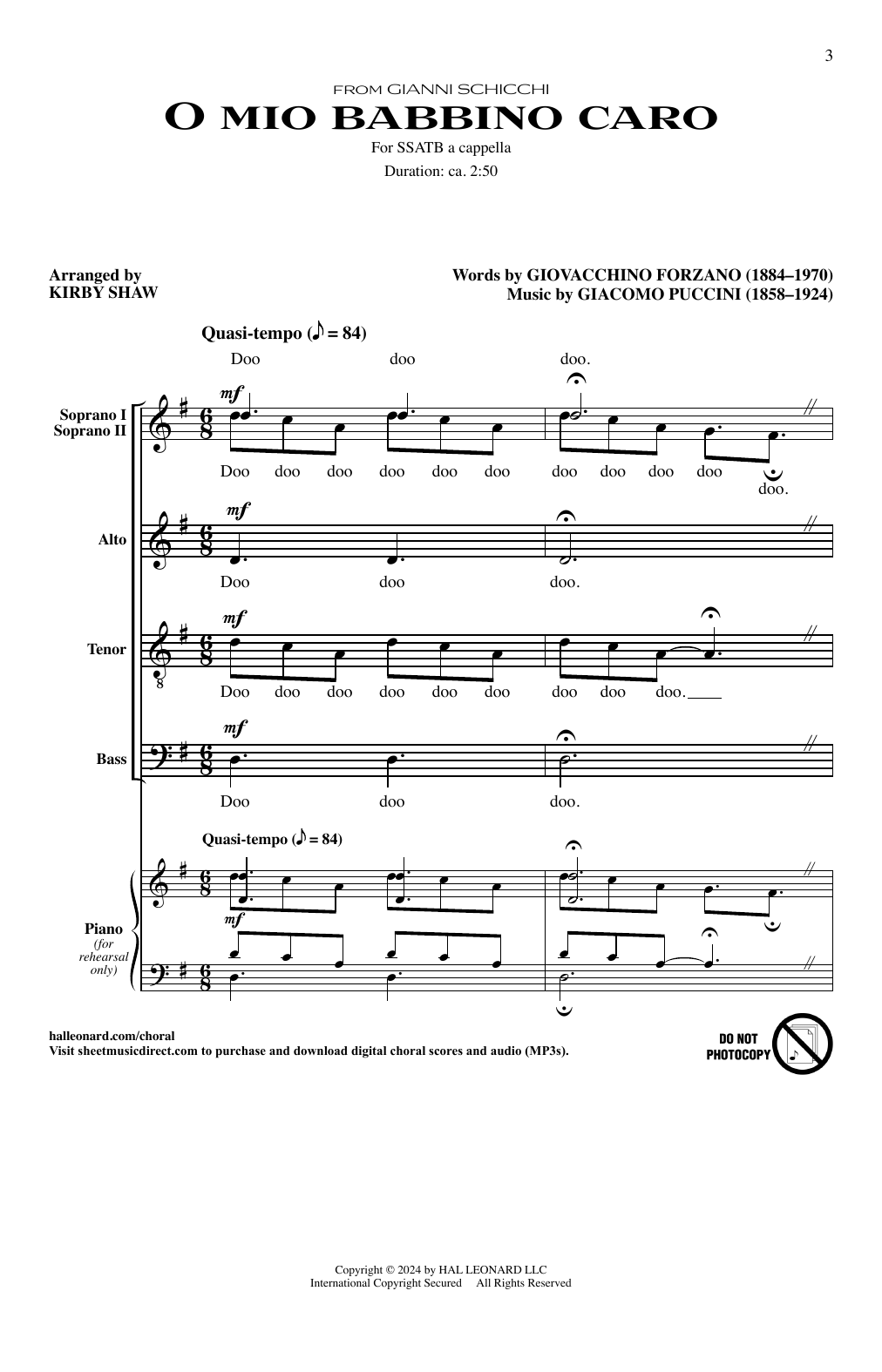 Giacomo Puccini O Mio Babbino Caro (arr. Kirby Shaw) sheet music notes and chords arranged for SSATB Choir