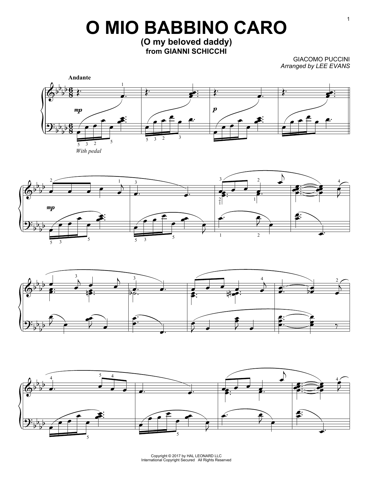 Giacomo Puccini O Mio Babbino Caro (arr. Lee Evans) sheet music notes and chords arranged for Piano Solo