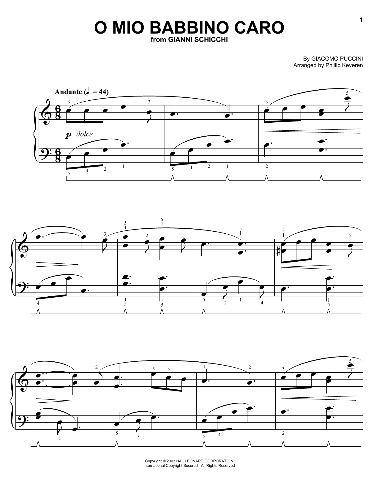 Giacomo Puccini O Mio Babbino Caro (from A Room with a View) (arr. Phillip Keveren) sheet music notes and chords arranged for Easy Piano