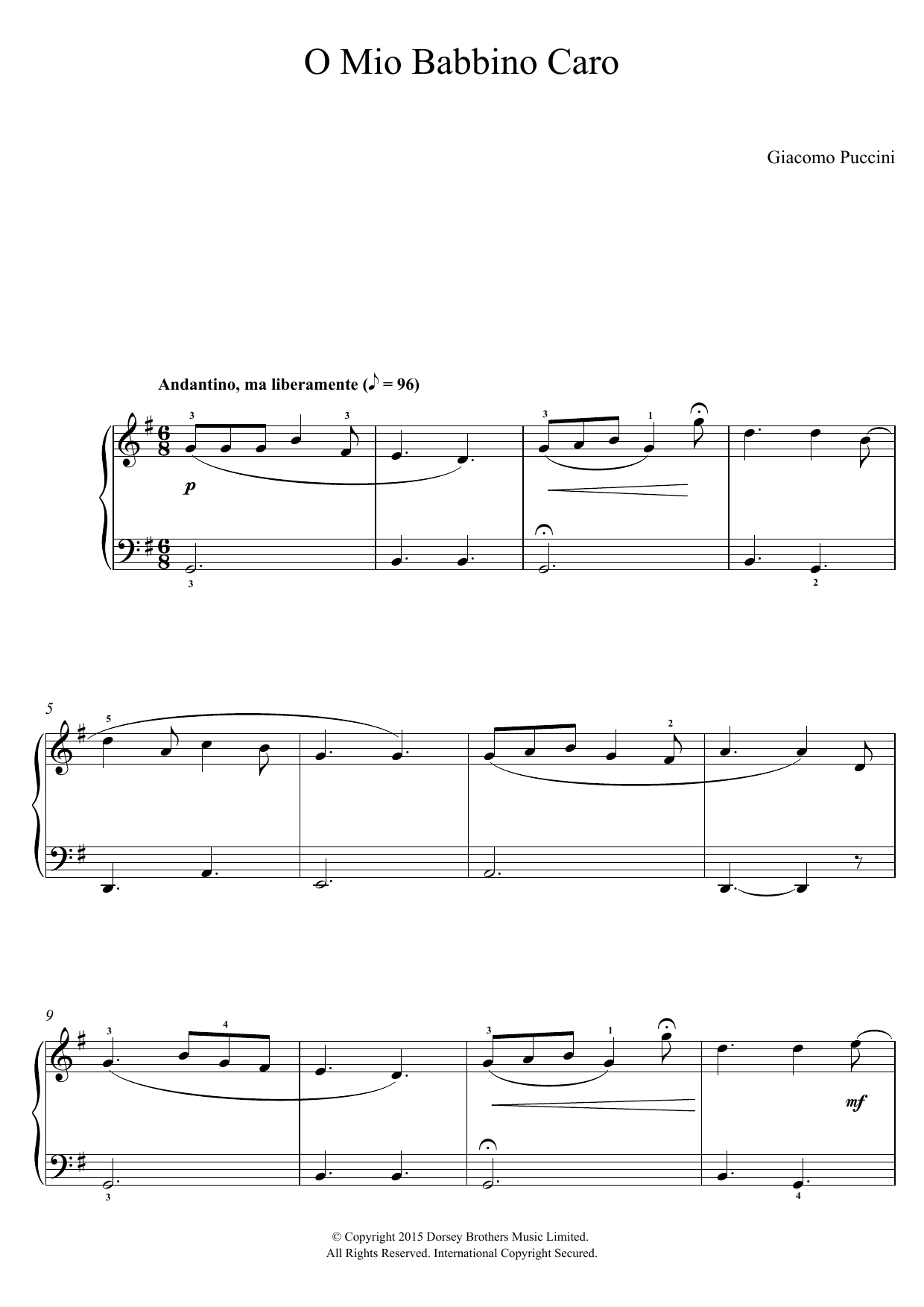 Giacomo Puccini O Mio Babbino Caro (from Gianni Schicchi) sheet music notes and chords arranged for Beginner Piano