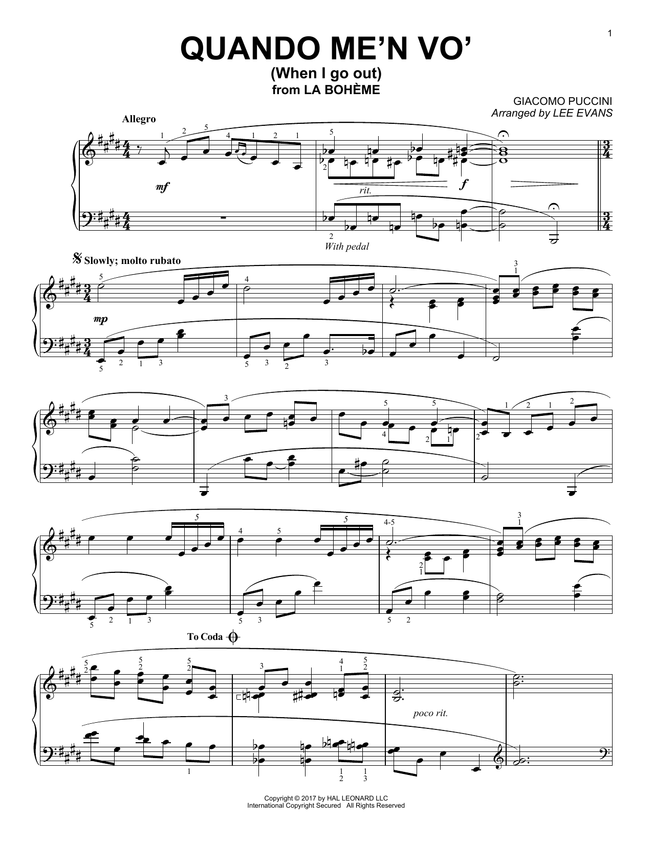 Giacomo Puccini Quando Men Vo (arr. Lee Evans) sheet music notes and chords arranged for Piano Solo