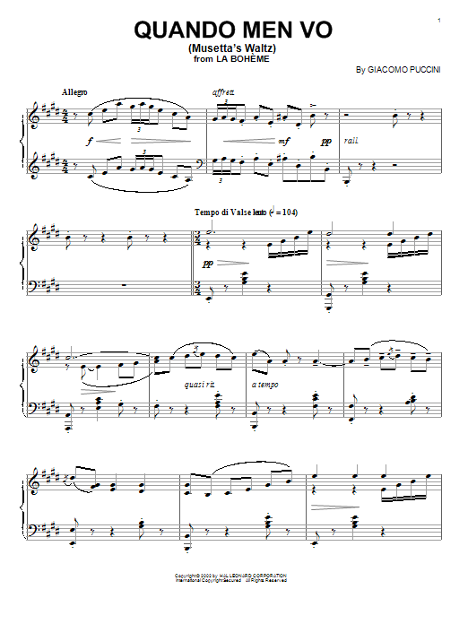 Giacomo Puccini Quando Men Vo (Musetta's Waltz) sheet music notes and chords arranged for Piano & Vocal