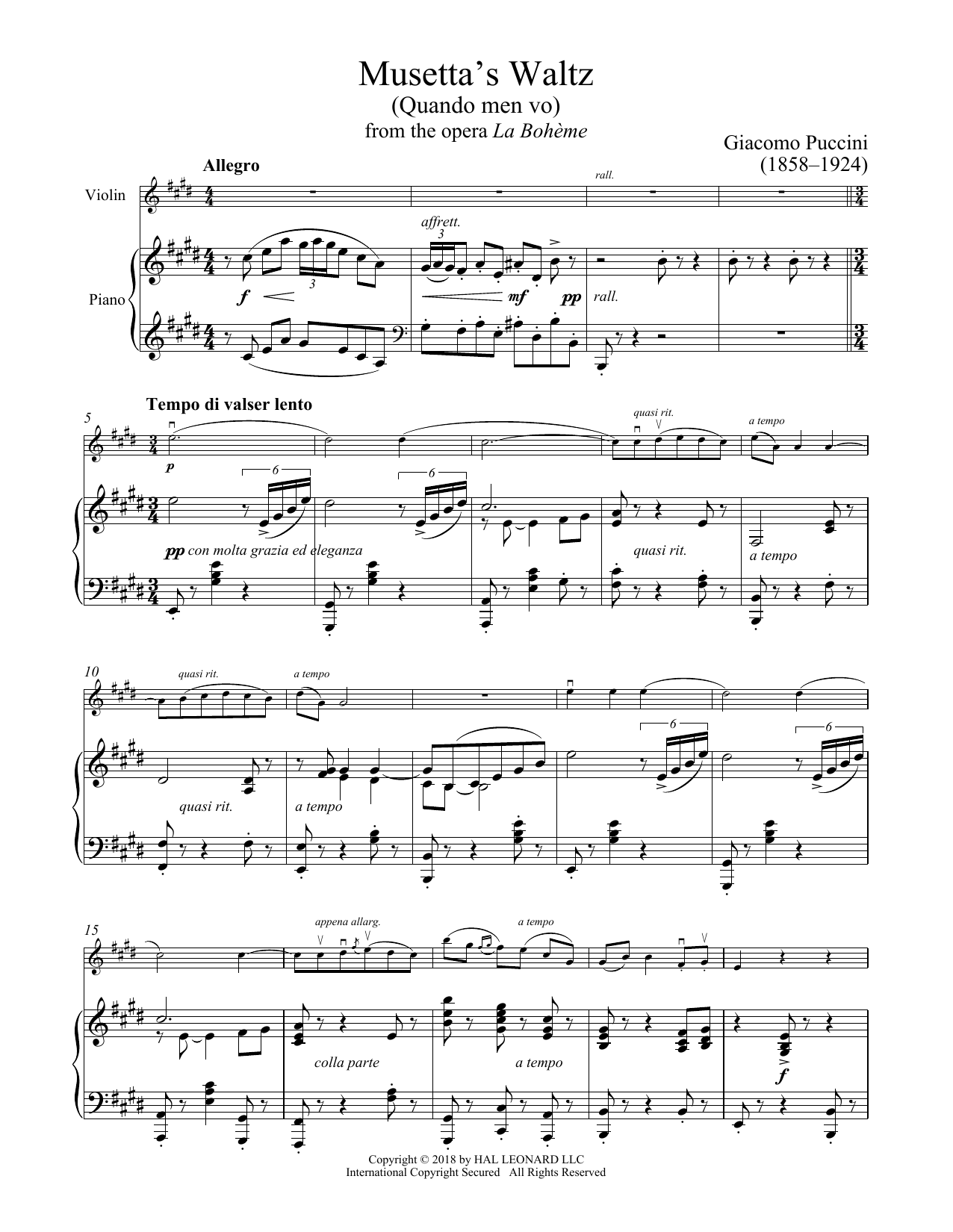 Giacomo Puccini Quando Men Vo sheet music notes and chords arranged for Cello and Piano