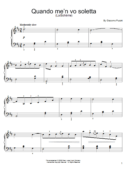 Giacomo Puccini Quando M'en Vo Soletta sheet music notes and chords arranged for Easy Piano
