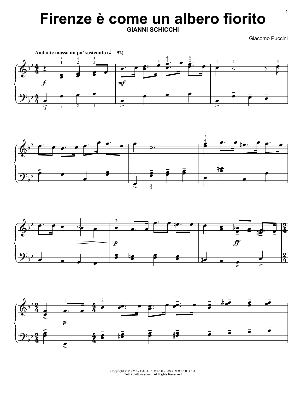 Giacomo Puccini Rinuccio's Aria (Firenze E Come Un Alberto Fiorito) sheet music notes and chords arranged for Easy Piano Solo