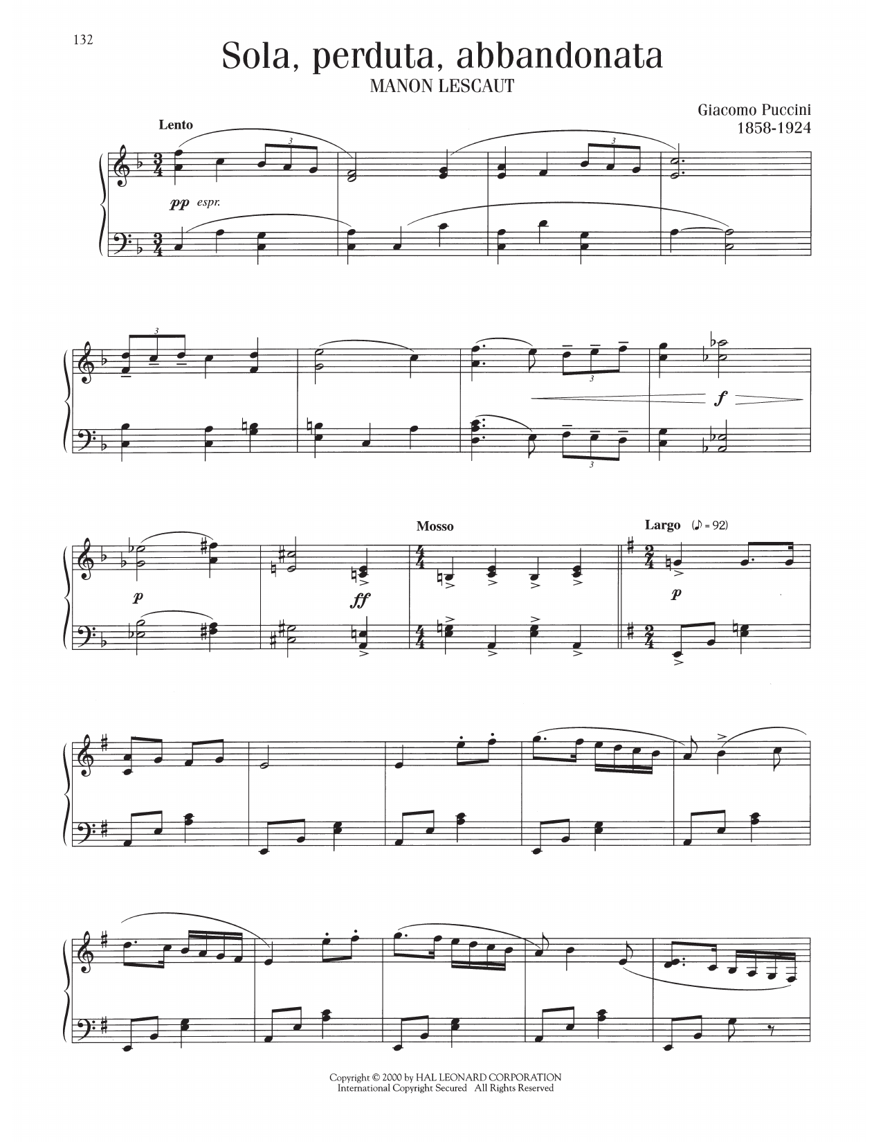 Giacomo Puccini Sola, Perduta, Abbandonata sheet music notes and chords arranged for Piano Solo