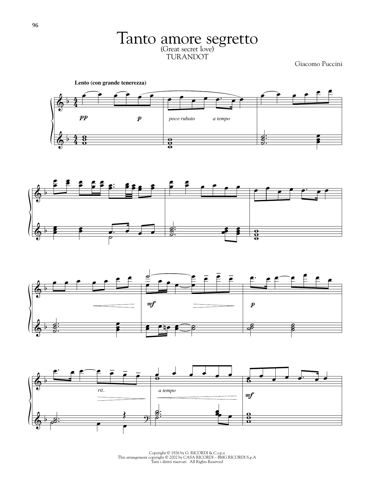 Giacomo Puccini Tanto Amore Segreto sheet music notes and chords arranged for Piano Solo