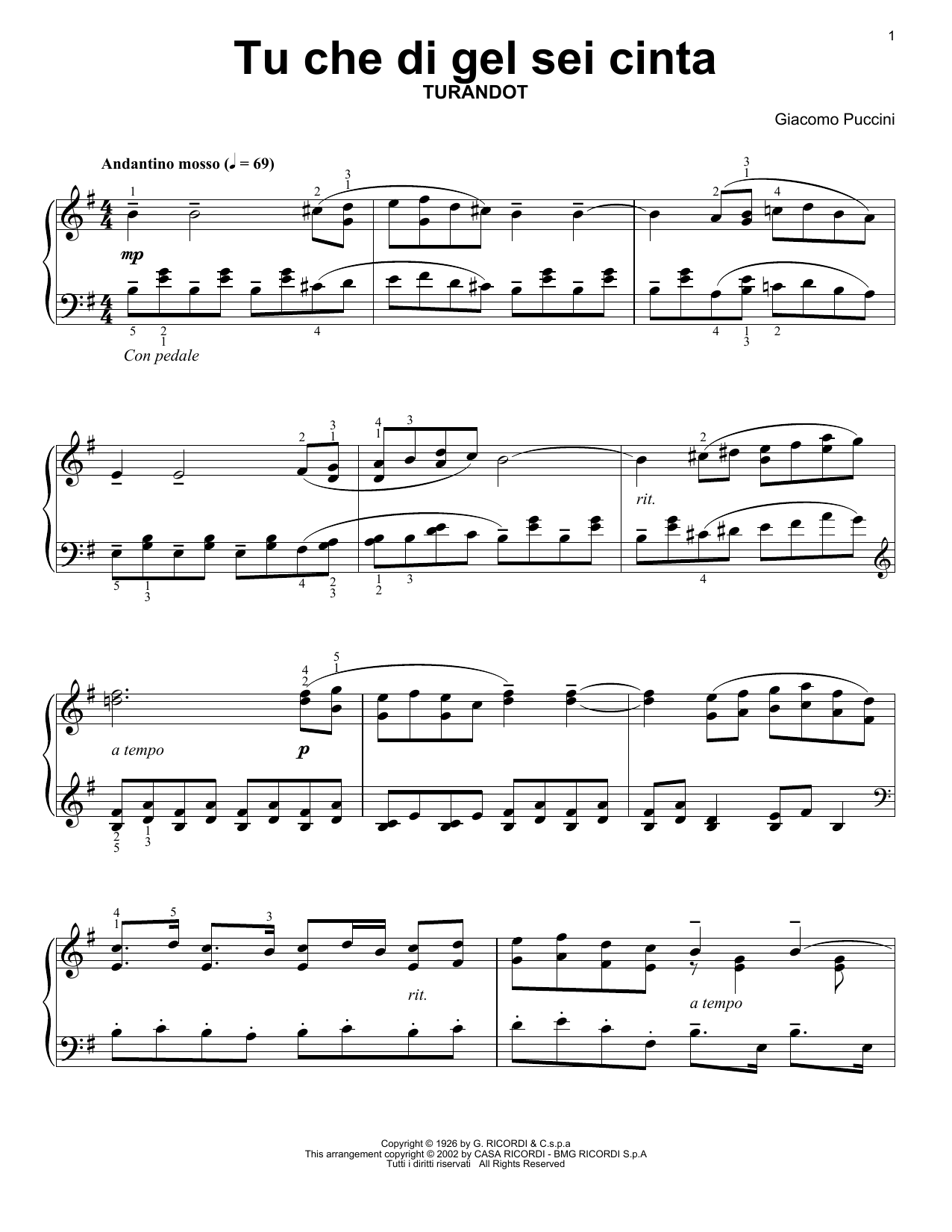 Giacomo Puccini Tu Che Di Gel Sei Cinta (from Turandot) sheet music notes and chords arranged for Easy Piano Solo