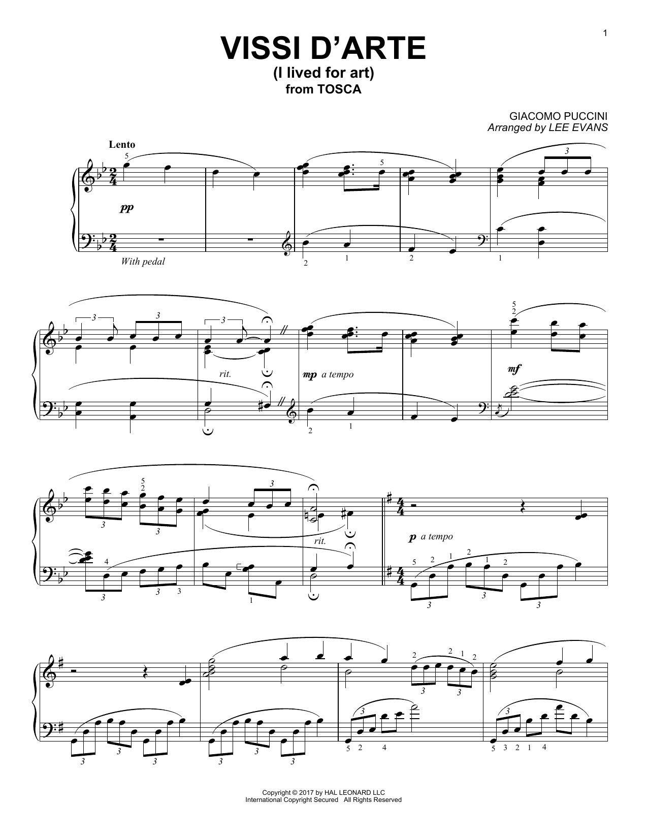 Giacomo Puccini Vissi D'arte (arr. Lee Evans) sheet music notes and chords arranged for Piano Solo