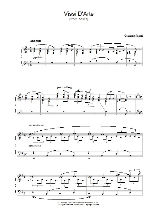 Giacomo Puccini Vissi D'Arte (from Tosca) sheet music notes and chords arranged for Piano Solo