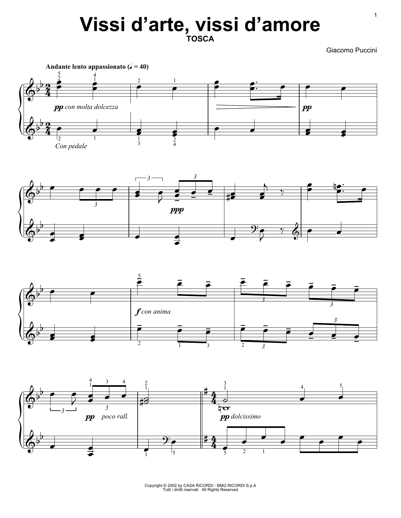 Giacomo Puccini Vissi D'Arte, Vissi D'Amore sheet music notes and chords arranged for Easy Piano Solo