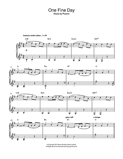 Giacomo Puccini One Fine Day sheet music notes and chords arranged for Beginner Piano